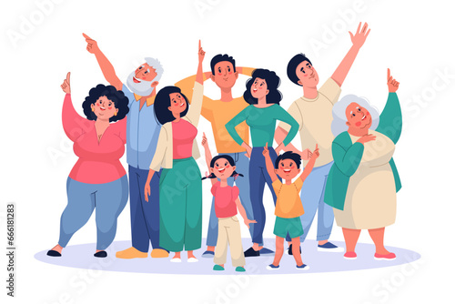 People looking up back. Happy persons group pointing with fingers in sky, gaze is directed upwards, parents and children, surprised men and women cartoon flat isolated vector concept