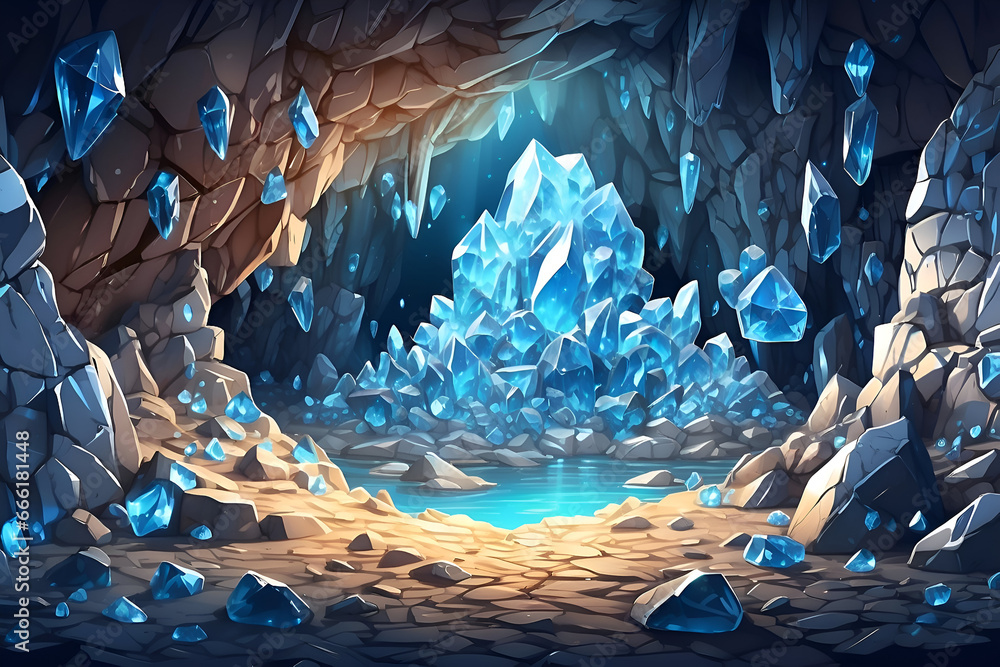 Treasures in a cave crystal on the wall game background illustration 