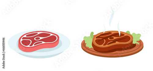 Raw and grilled steak. Beef or pork cut on plate and wooden desk. Cooking meat meal. Roast food barbecue. Hot bbq. Delicious restaurant menu. Cartoon flat style isolated vector concept