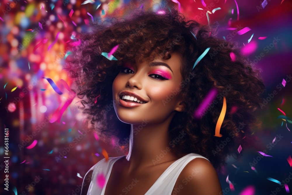 A vibrant woman with a wild magenta smile and ringlet curls, adorned in bold fashion and colorful confetti, radiates confidence and joy A vibrant woman with a wild magenta smile and ringlet curls, adorned in bold fashion and colorful confetti, radiates confidence and joy