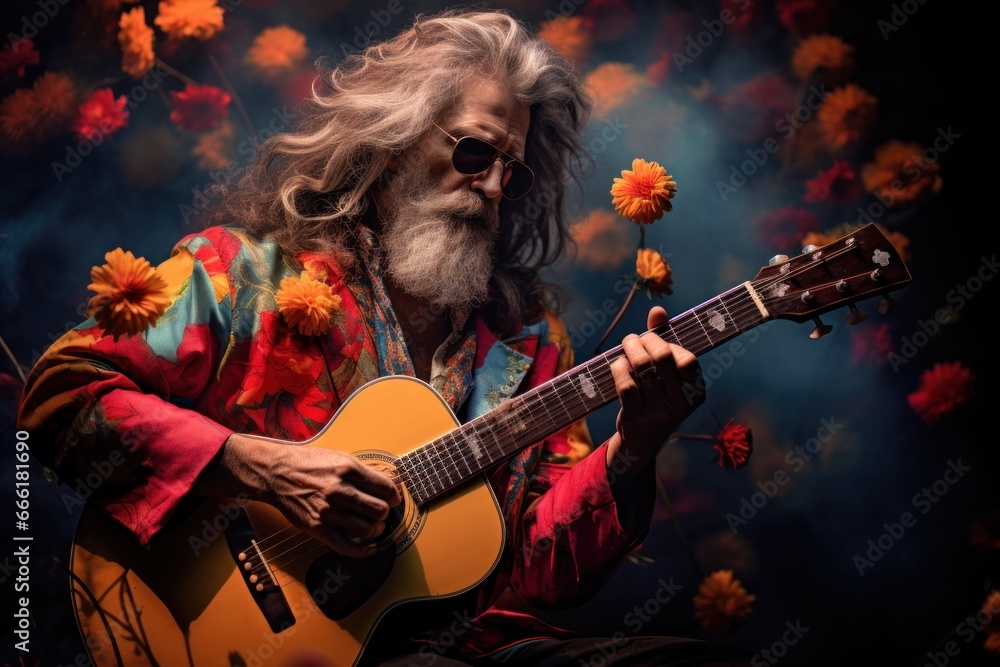 Obraz premium A musician's fingers dance across the strings of his guitar, pouring out soulful melodies that electrify the crowd at the vibrant concert
