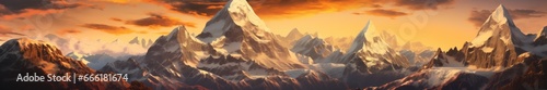 An ethereal landscape painting capturing the majestic beauty of a mountain range blanketed in snow, with a breathtaking sky of swirling clouds and vibrant sunrises and sunsets creating a wild and flu