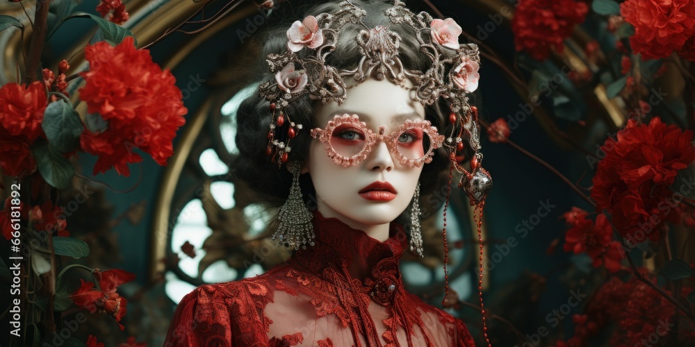 Φωτογραφία A woman with fiery confidence dons a vibrant red dress and glasses, crowned with