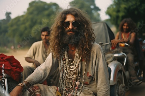 A free-spirited man, adorned with jewelry and shades, confidently cruises down the street on his bike, his long hair and beard blowing in the wind, embodying the wildness and freedom of the great out