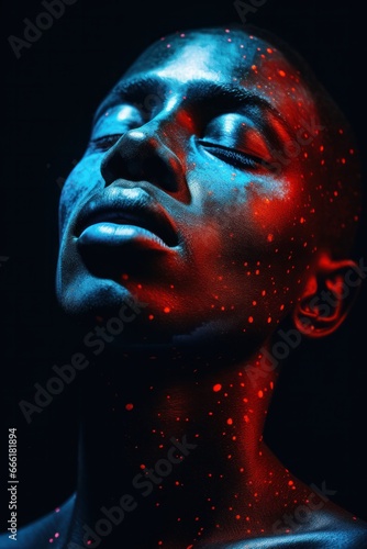 A bold and striking portrait of a person with their face painted in a mix of vibrant blue and fiery red, evoking thoughts of art and statues in a dark and captivating style
