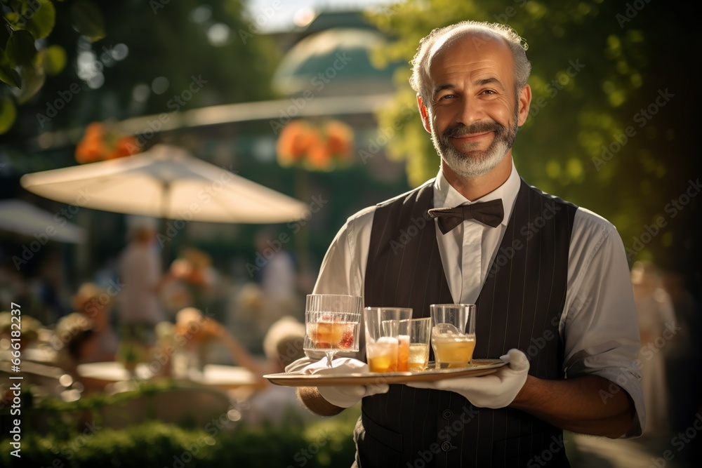 mature waiter serving drinks on a summer day - obrazy, fototapety, plakaty 
