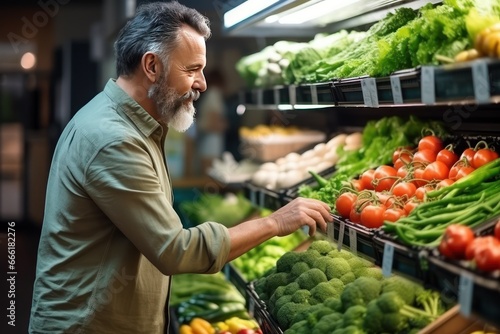 Healthy eating and healthy lifestyle concept. Mature Caucasian man shopping in grocery store. Choosing fresh fruits and vegetables in supermarket.