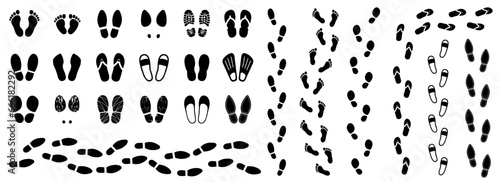 Set different human shoeprints icons, footprint, barefoot sign - vector