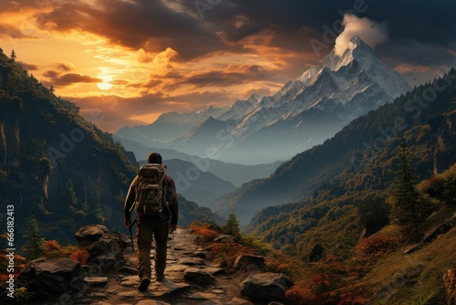 man with backpack on top of mountain looking at valley, in the style of poster, zbrush, large canvas format, low-angle, traditional