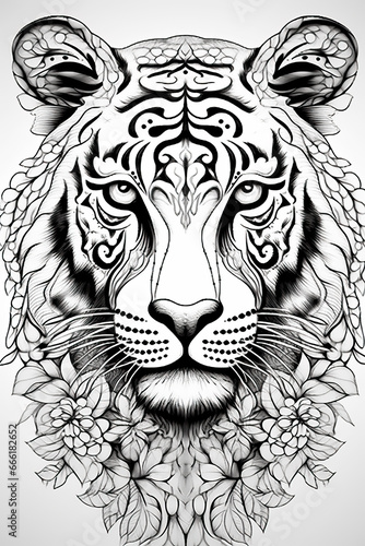 Mandala, black and white illustration for coloring animals, tiger.