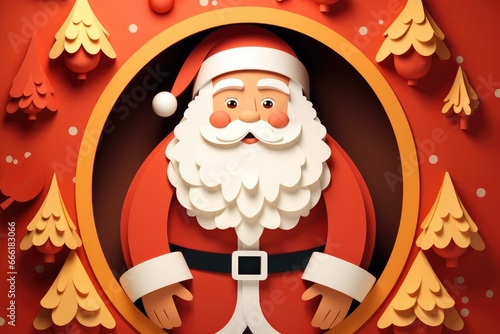 Paper art style santa claus decoration christmas background.