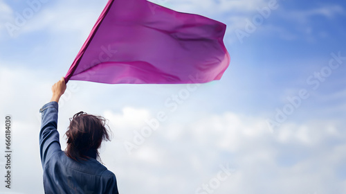 A female protestor purple flag, feminist movement empowerment. Generative AI. photo