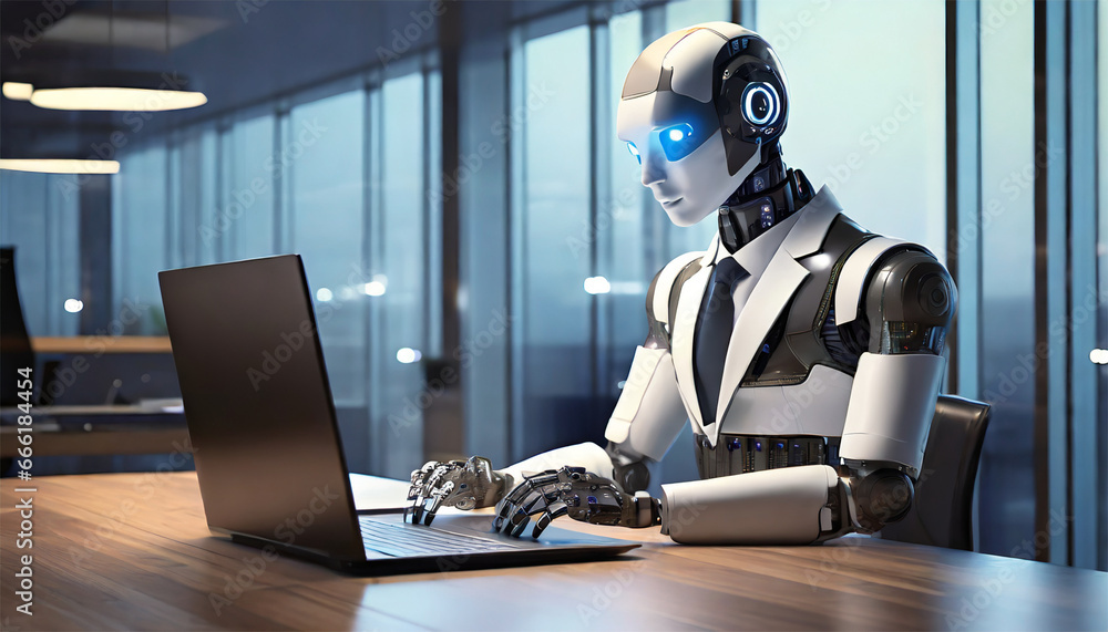 robot working with laptop computer in modern office. robot working with laptop computer in modern office.