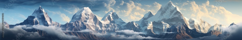 A breathtaking panorama of a majestic mountain, shrouded in ethereal clouds, against a vibrant sky, evoking a sense of wonder and connection with nature
