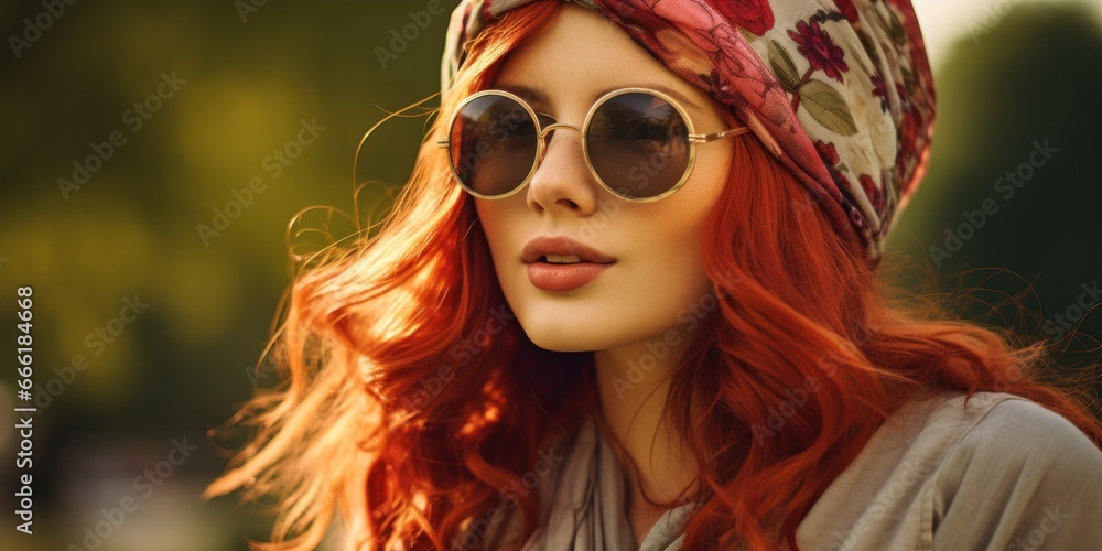 A fiery-haired woman exudes effortless cool as she dons sunglasses and a head scarf, basking in the sun's warm embrace with her bold fashion and striking gaze