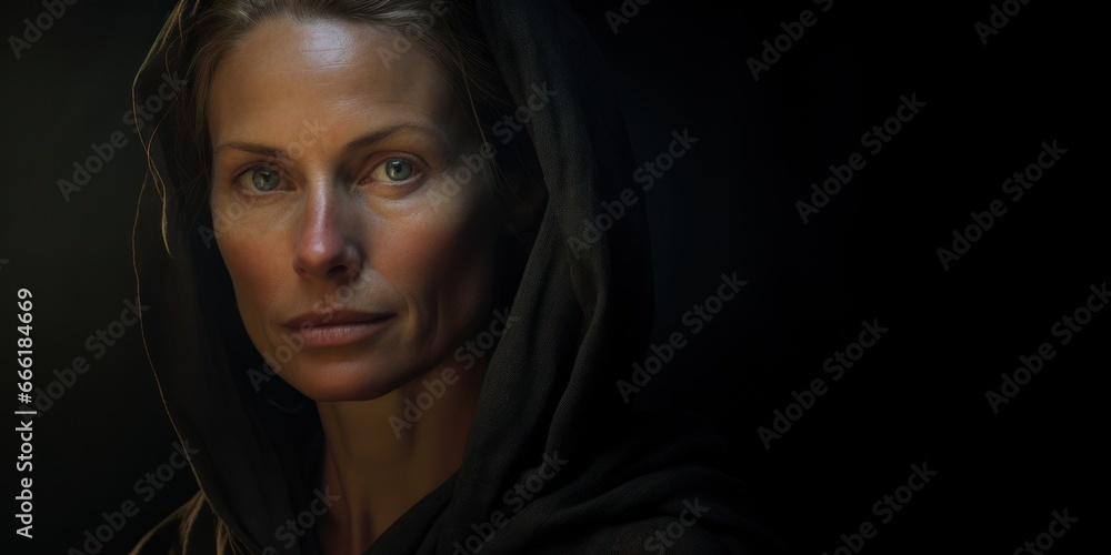 A striking portrait of a dark-eyed woman with a black hood, her piercing gaze and full lips hinting at a hidden intensity beneath her smooth skin