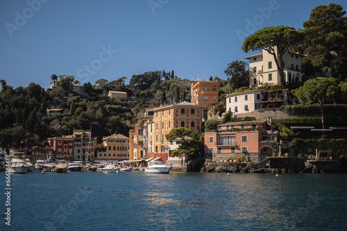 Famous place on the Italian Riviera coast - views of Portofino from the sea and cliffs © andrey gonchar