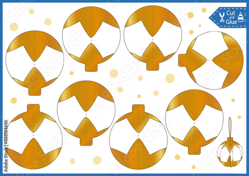 Kids craft template Christmas ornament ball. DIY papercraft cut and glue gold paper decoration. Education activity printable page.