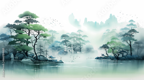 Blue Chinese ink painting graphic poster web page PPT background