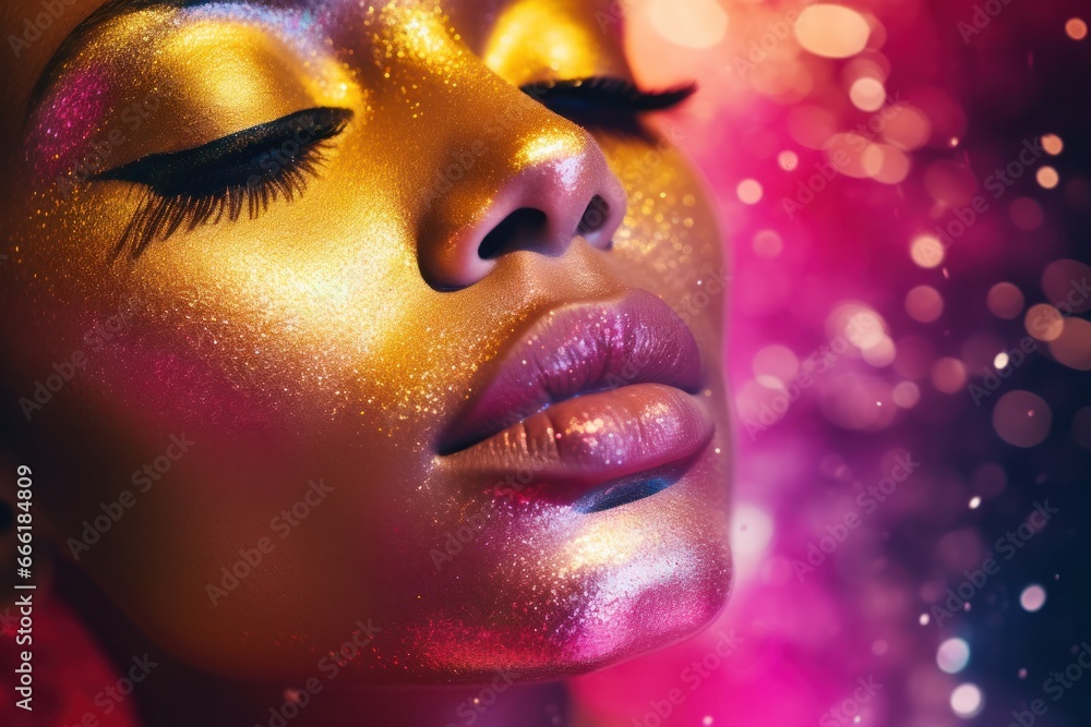 The glimmering gold paint adorned her face like liquid metal, her lips painted with a daring red and her lashes fluttering with confidence as she embraced her bold and untamed spirit The glimmering gold paint adorned her face like liquid metal, her lips painted with a daring red and her lashes fluttering with confidence as she embraced her bold and untamed spirit