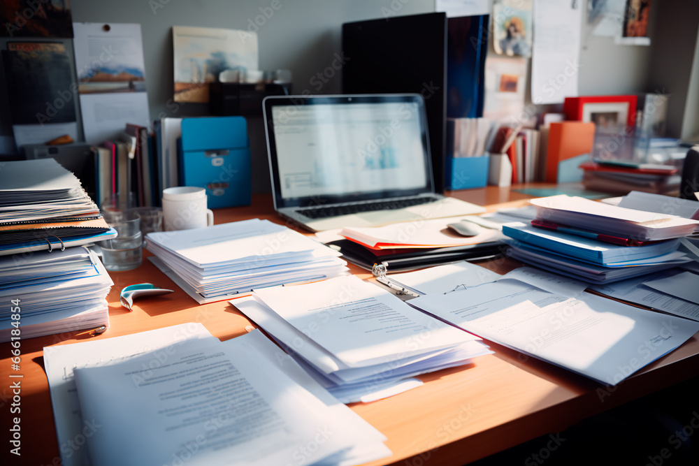 Many documents on a wooden table in the office. Congestion at work. Stack of papers. Many documents on a wooden table in the office. Congestion at work. Stack of papers.