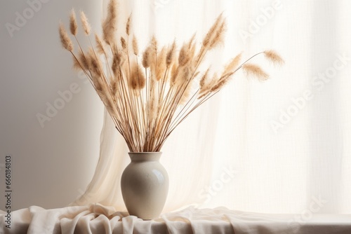 Minimalist table setting with dried flower arrangement and elegant curtain backdrop