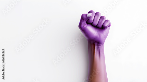 A female activist clenches fist painted purple. White background. Generative AI
