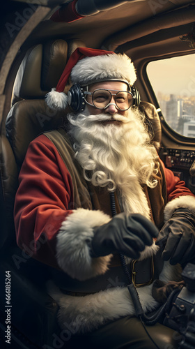 Santa Claus like pilot in the airplane with a lot of gifts. Cristmas atmosfere.