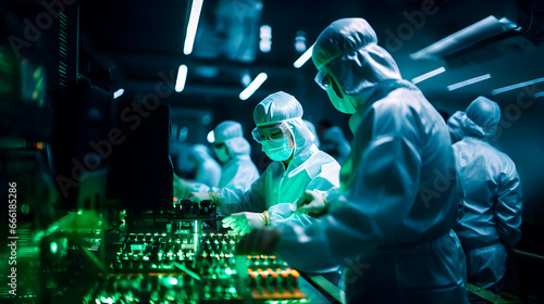 The high tech of a Chinese semiconductor factory, skilled workers. Generative AI