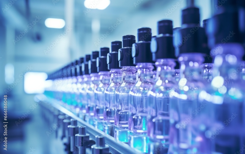 Automated Production Line with Bottles in Motion, Industrial Manufacturing Concept Automated Production Line with Bottles in Motion, Industrial Manufacturing Concept