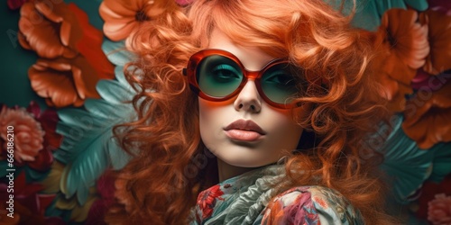 A fiery-haired woman with emerald shades adorned with a vibrant flower, exudes a playful and unconventional spirit as she holds a whimsical doll in her hand
