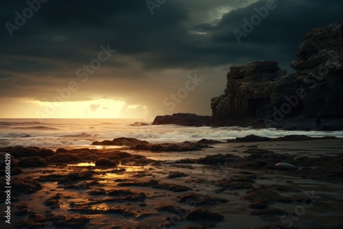 A stunning image of the sun setting over the ocean on a cloudy day. Perfect for capturing the serene beauty of nature. Ideal for travel brochures, website backgrounds, and inspirational content. © Fotograf