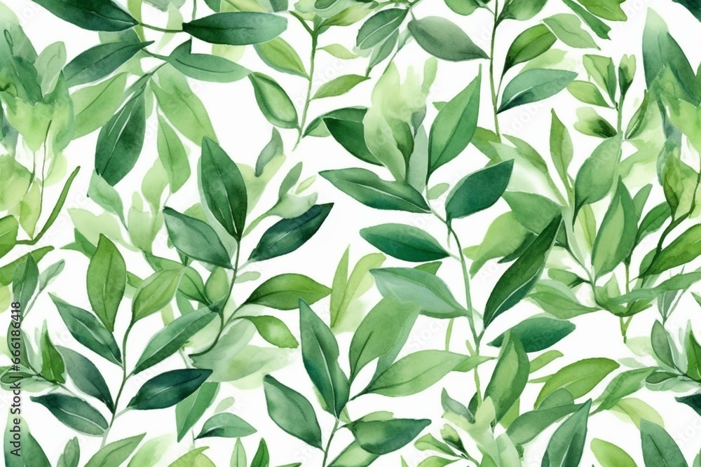 Watercolor pattern of tree leaves on white background. Artistically painted pastel botanical plants. Creative decorative floral green poster. Generative AI