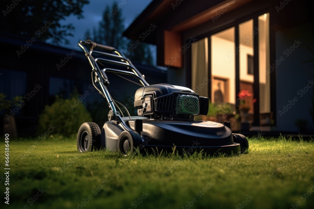 Fototapeta premium A lawn mower is pictured in front of a house. This image can be used to depict outdoor maintenance or as a symbol of homeownership.