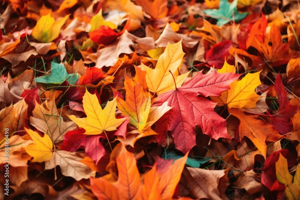 A picture showcasing a large number of leaves scattered on the ground. This image can be used to depict the arrival of autumn or the changing seasons.