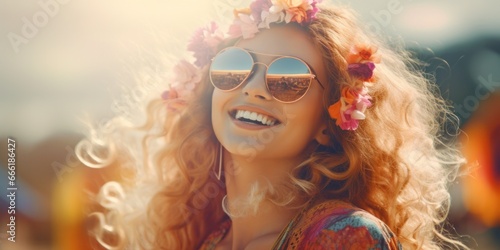 A radiant woman adorned with flowers and donning sunglasses exudes carefree confidence as she basks in the warm sun, her stylish ensemble completing the perfect outdoor portrait