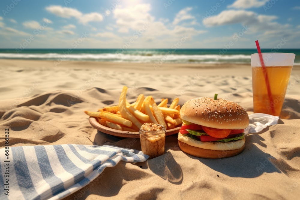 A delicious hamburger and fries served on a sandy beach, accompanied by a refreshing drink. Perfect for showcasing summer beach vibes and outdoor dining.