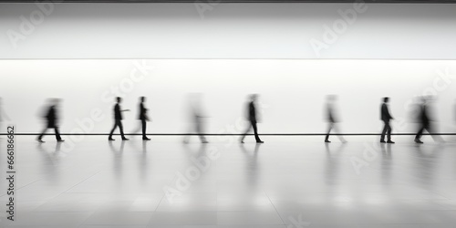 Crowded public place with people passing walking in city traffic flow motion blur effect. Cinematic light Generative AI
