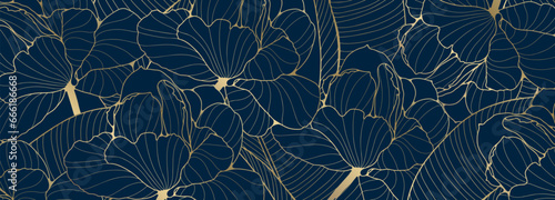 Luxury floral blue background with golden lush flowers and leaves. Dark vector background for decor, wallpaper, covers and presentations.