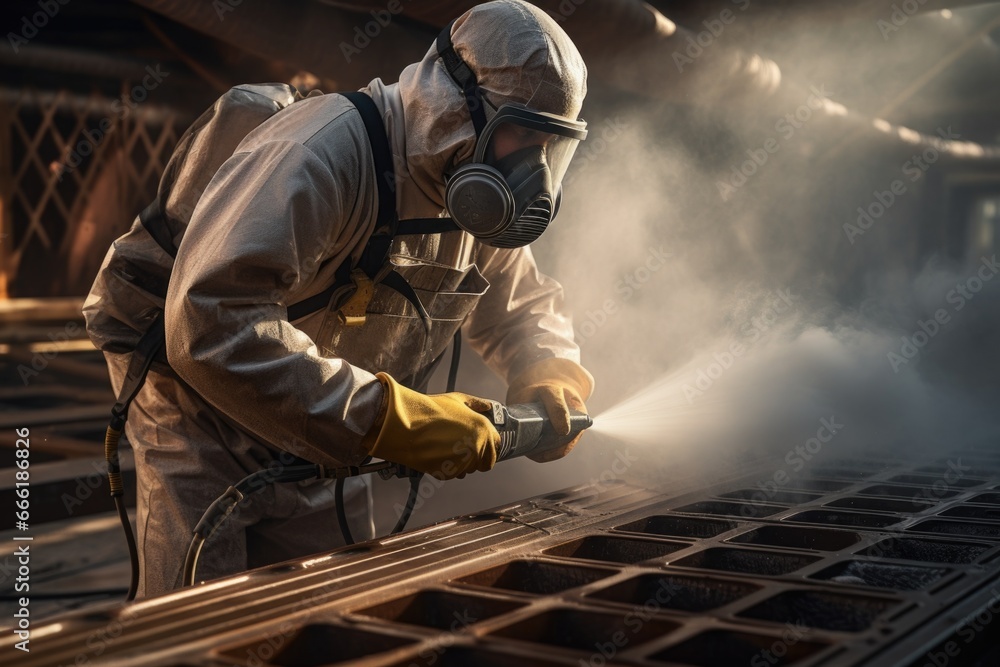 A man wearing a gas mask and protective suit is seen using a spray gun. This image can be used to depict concepts of safety, protection, chemical handling, or hazardous materials - obrazy, fototapety, plakaty 