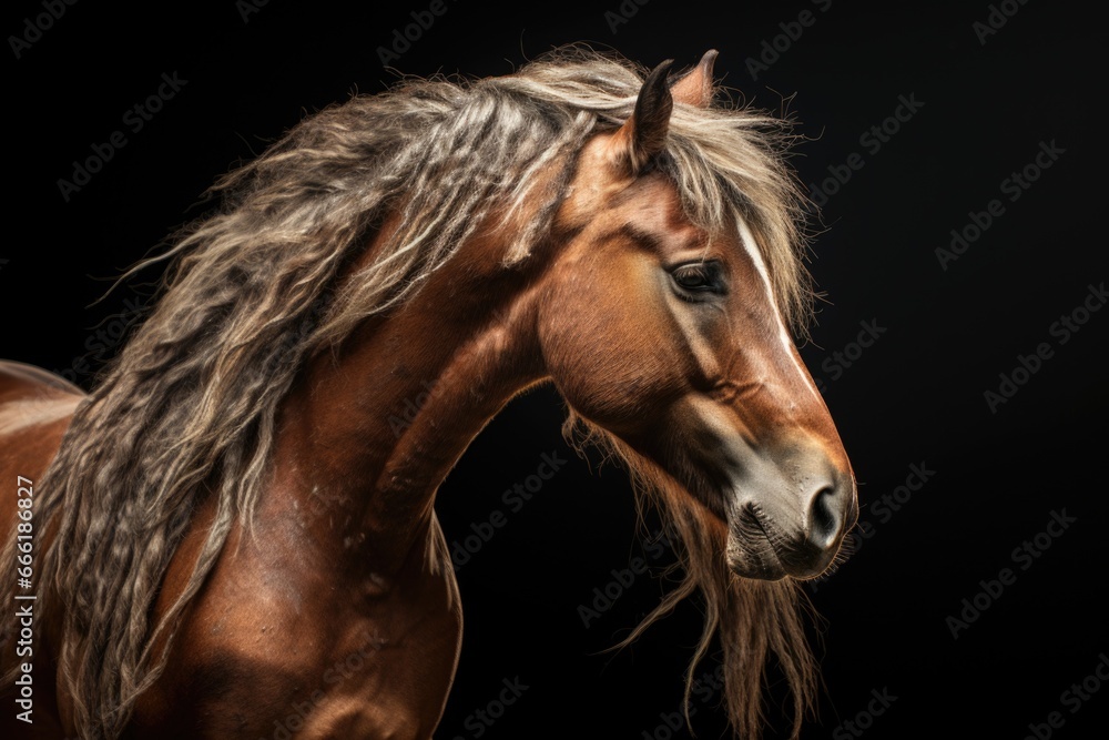 Obraz premium A close-up view of a horse with a black background. This image can be used for various purposes, such as equestrian themes, animal portraits, or even in designs related to strength and power