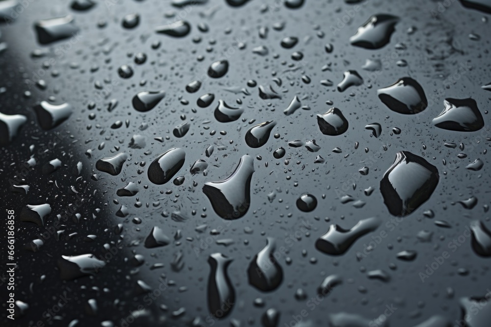 A close-up view of water droplets on a smooth black surface. A close-up view of water droplets on a smooth black surface.