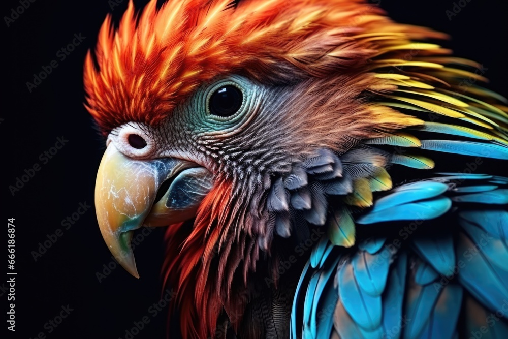 A close up photograph of a vibrant and colorful bird with a black background. This image can be used to add a pop of color and nature to any project