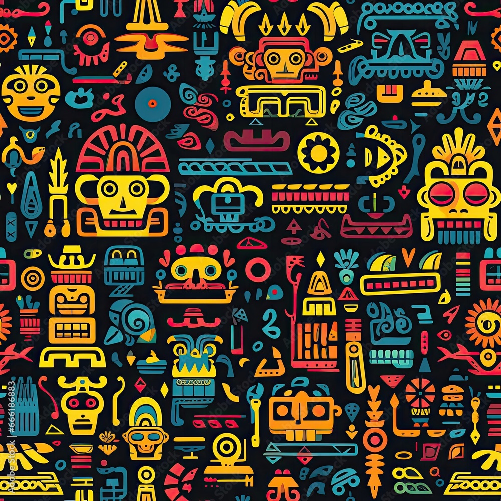 Ancient Mayan Symbols Are Intricately Woven In Embroidered Fabric. Seamless Background Ancient Mayan Symbols Are Intricately Woven In Embroidered Fabric. Seamless Background