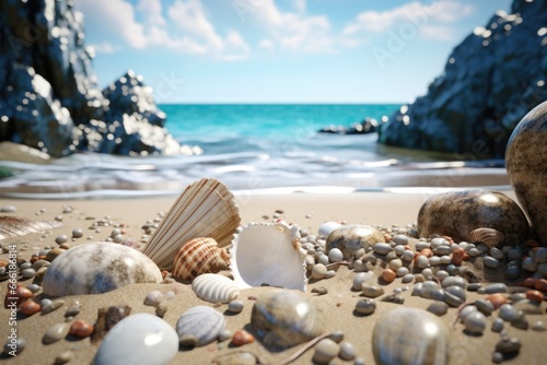 A collection of shells and pebbles scattered on a sandy beach near the ocean. Perfect for beach-themed designs and nature-inspired projects