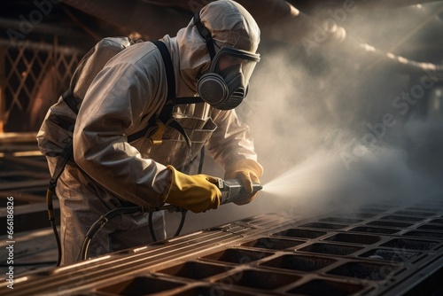 A man wearing a gas mask and protective suit is seen using a spray gun. This image can be used to depict concepts of safety, protection, chemical handling, or hazardous materials