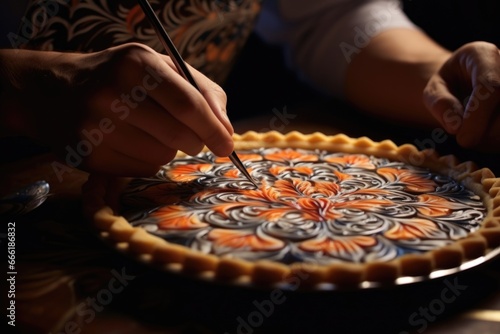 A person is shown cutting a pie with a knife. This image can be used to depict food preparation or cooking scenes