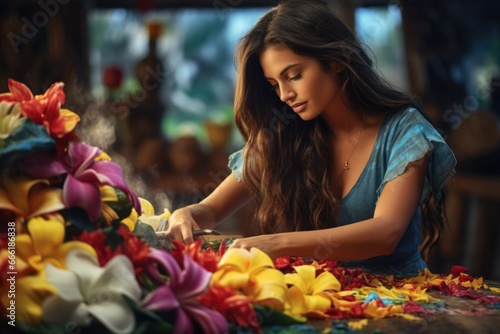 A woman in a blue dress is seen working on flowers. This image can be used to depict gardening, floral arrangements, or floral design
