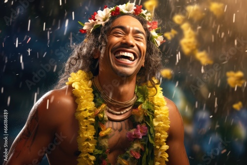 A joyful man wearing a flower garland on his head, laughing with pure happiness. Perfect for celebrations and festive occasions