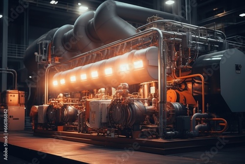 A picture of a large industrial machine located inside a building. Suitable for illustrating manufacturing processes and industrial settings